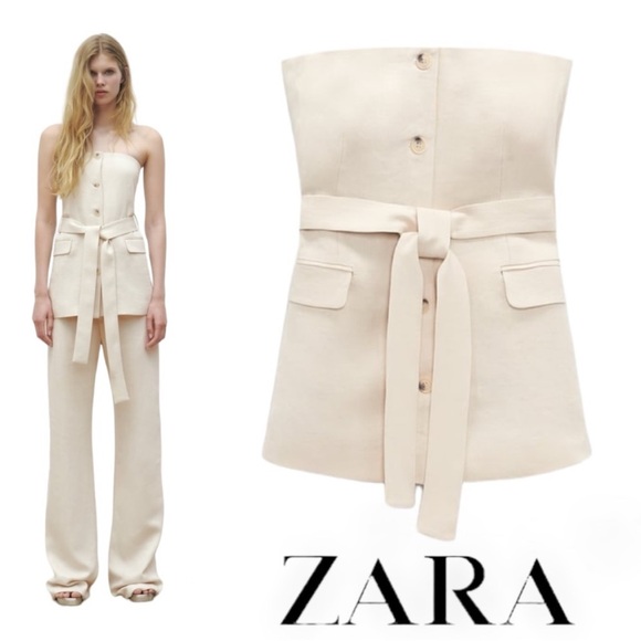 New Zara Strapless Linen Blend Belted Fashion Tube Top - Picture 1 of 14